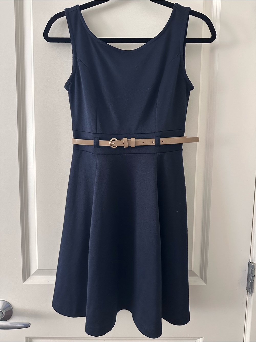 Monteau Navy Sleeveless Dress with Tan Belt